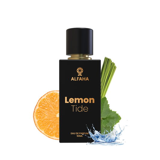 ALFAHA™ Lemon Tide Eau De Parfum 50ml bottle – a fresh, zesty fragrance for men, featuring notes of mandarin, neroli, and earthy patchouli.