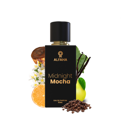 ALFAHA™ Midnight Mocha Eau De Parfum 50ml bottle – a fragrance for women with warm vanilla and coffee notes, enhanced by jasmine and cedarwood for a sweet yet elegant scent.