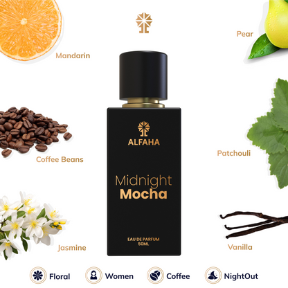 Midnight Mocha scent profile – opens with inviting vanilla and coffee, moves into floral jasmine and orange blossom, and finishes with warm patchouli and cedarwood.