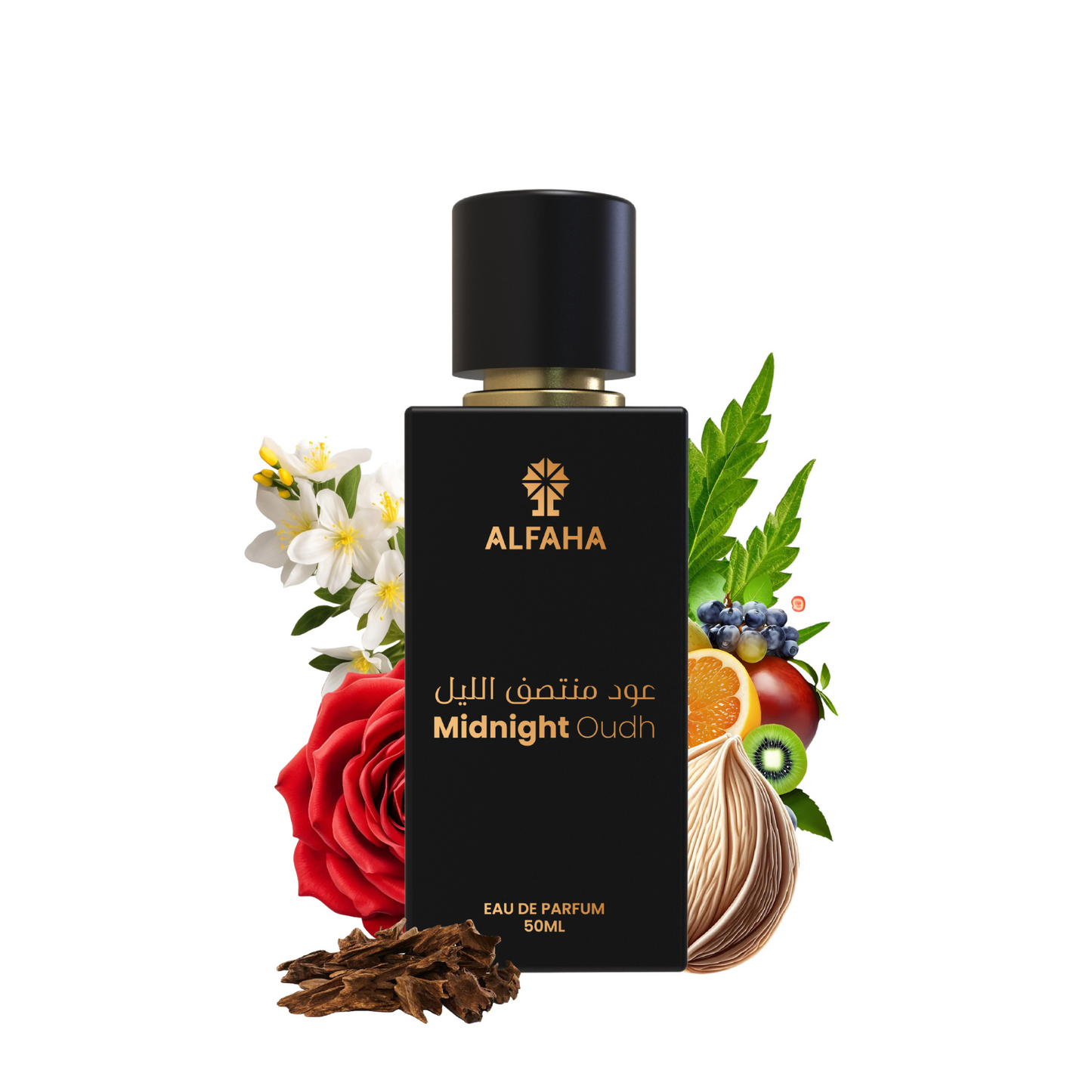 ALFAHA™ Midnight Oudh Eau De Parfum 50ml bottle – a luxurious and captivating fragrance for men, blending fruity, floral, and deep oudh notes.