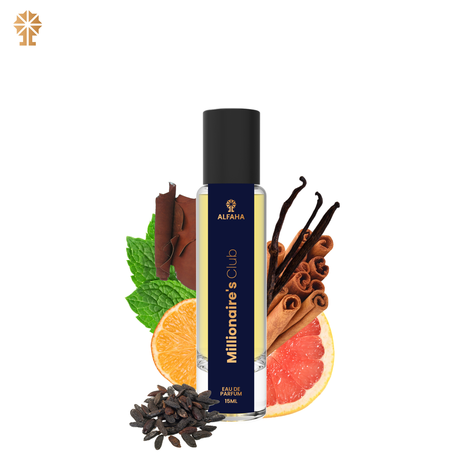 ALFAHA™ Millionaire Club Eau De Parfum 15ml bottle – a bold, spicy fragrance for men, blending fresh mandarin with warm leather and rich tonka bean.