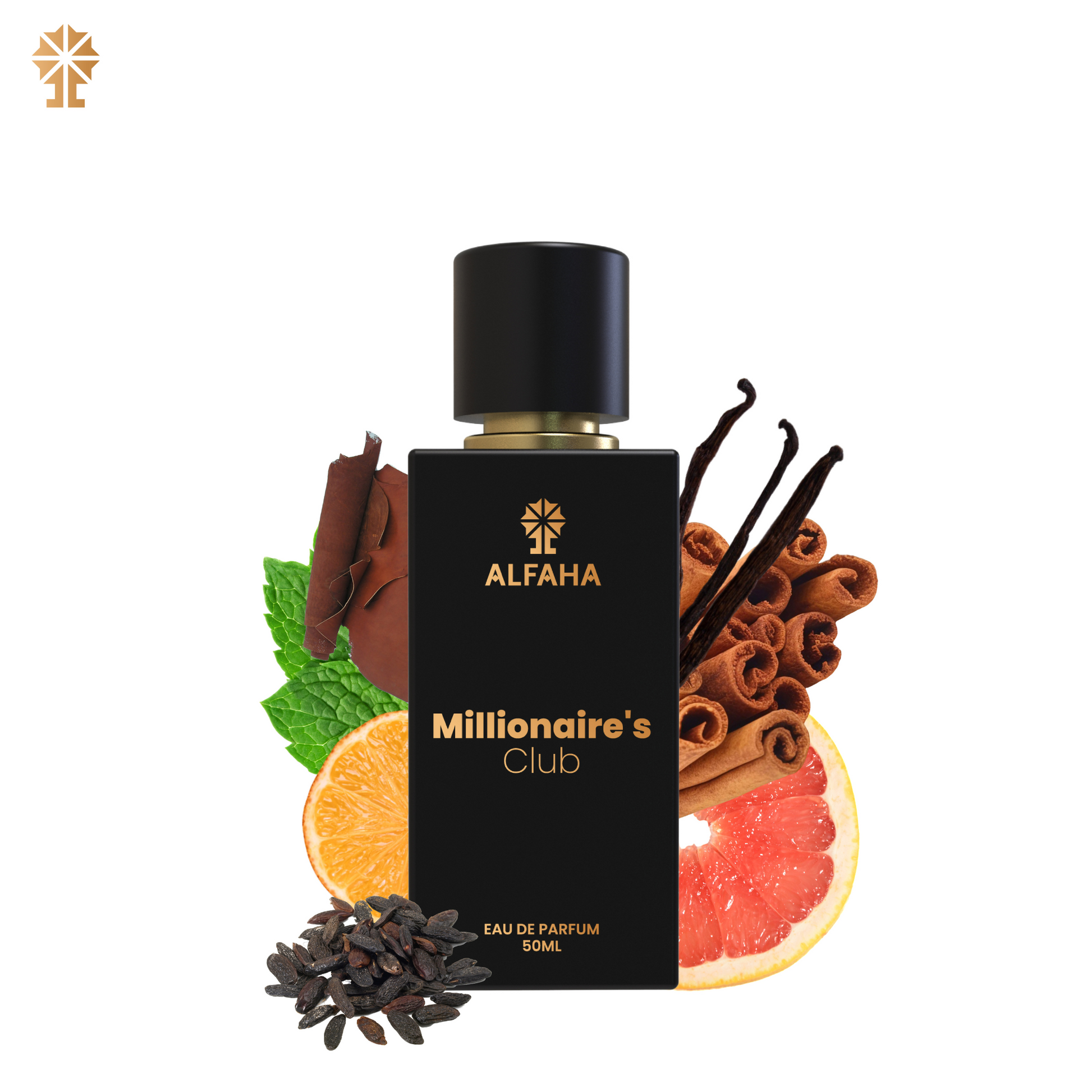 ALFAHA™ Millionaire Club Eau De Parfum 50ml bottle – a bold, spicy fragrance for men, blending fresh mandarin with warm leather and rich tonka bean.