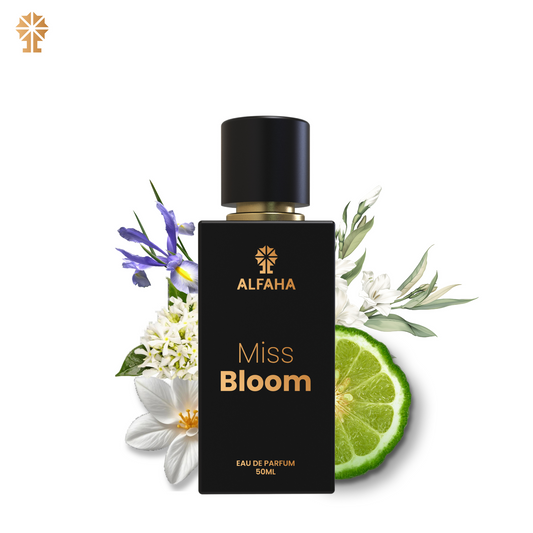 ALFAHA™ Miss Bloom Eau De Parfum 50ml bottle – a sophisticated fragrance for the modern working woman, featuring floral Jasmine and Tuberose with a refreshing green finish.