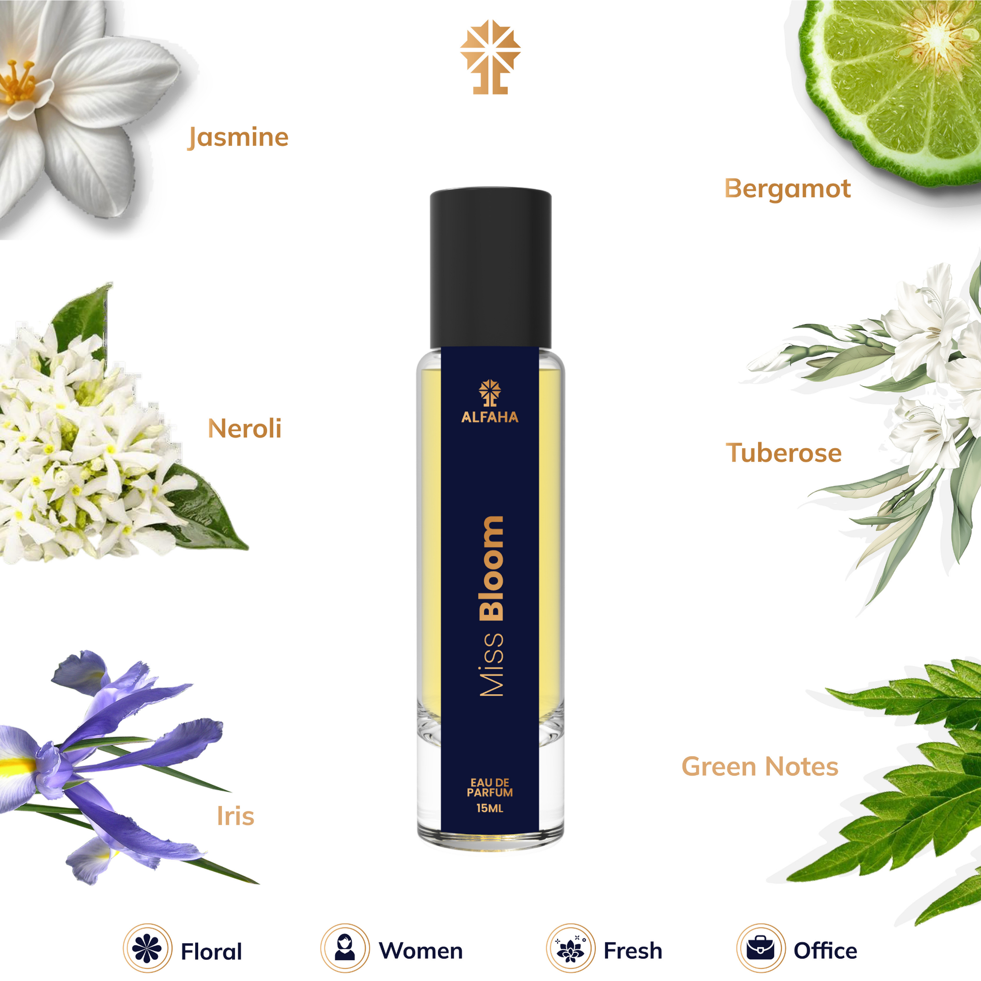 Miss Bloom scent profile – opens with bright Jasmine, followed by Tuberose and Iris, and ends with refreshing green notes, creating a professional, elegant fragrance.