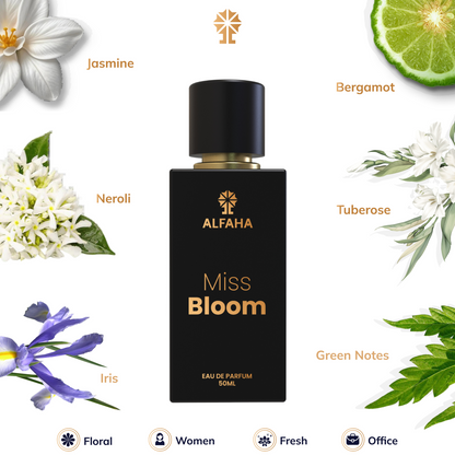 Miss Bloom scent profile – opens with bright Jasmine, followed by Tuberose and Iris, and ends with refreshing green notes, creating a professional, elegant fragrance.