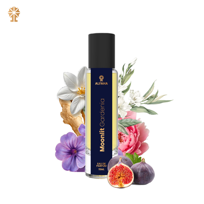 ALFAHA™ Moonlit Gardenia Eau De Parfum 15ml bottle – a luxurious fragrance featuring notes of Gardenia, Jasmine, and a warm base of Vanilla and Amber, ideal for moments of self-love and celebration.