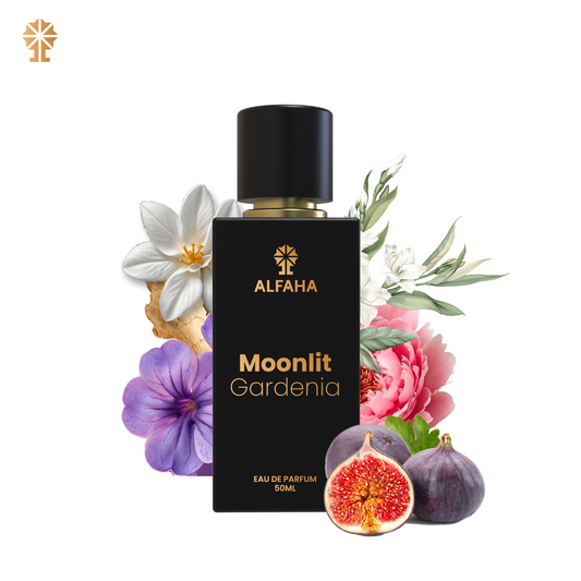 ALFAHA™ Moonlit Gardenia Eau De Parfum 50ml bottle – a luxurious fragrance featuring notes of Gardenia, Jasmine, and a warm base of Vanilla and Amber, ideal for moments of self-love and celebration.