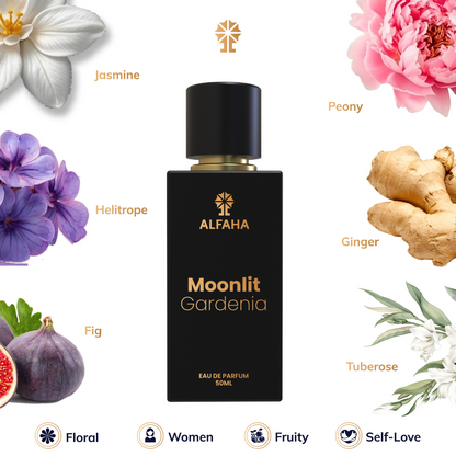 Moonlit Gardenia scent profile – opening with Gardenia and Blackcurrant Bud, evolving into floral Jasmine and Tuberose, and settling into a sensual base of Vanilla, Musk, and Cardamom.