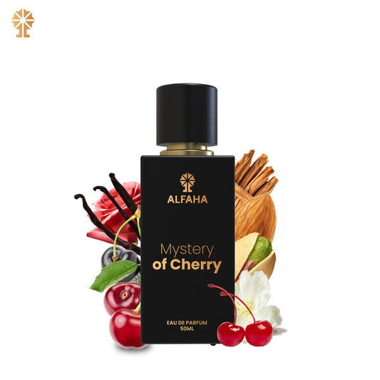 ALFAHA™ Mystery of Cherry Eau De Parfum 50ml bottle – a luxurious fragrance with vibrant notes of Black Cherry, Rose, and a warm base of Tonka Bean, Vanilla, and Cedarwood, perfect for evening elegance.