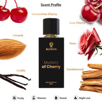 Mystery of Cherry scent profile – opening with juicy Black Cherry, evolving to a floral heart of Rose and Jasmine Sambac, and settling into a warm, refined base of Tonka Bean, Vanilla, and Sandalwood.