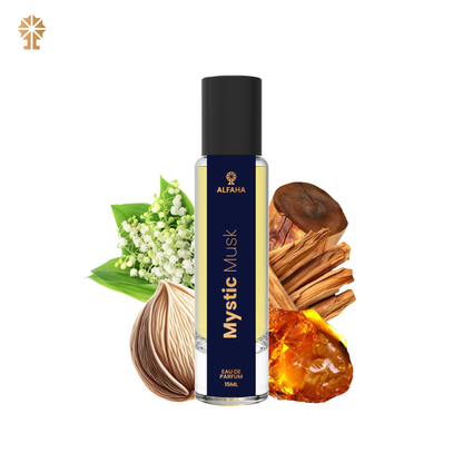 ALFAHA™ Mystic Musk Eau De Parfum 15ml bottle – a luxurious fragrance with Lily-of-the-Valley, pure Musk, and a warm base of Amber, Sandalwood, and Cedarwood, perfect for festive elegance.