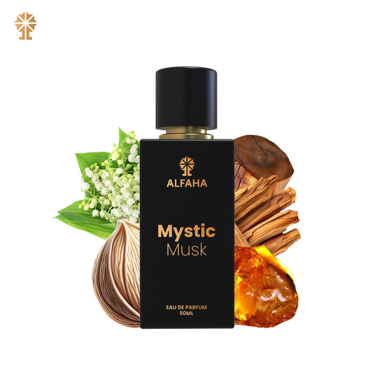 ALFAHA™ Mystic Musk Eau De Parfum 50ml bottle – a luxurious fragrance with Lily-of-the-Valley, pure Musk, and a warm base of Amber, Sandalwood, and Cedarwood, perfect for festive elegance.