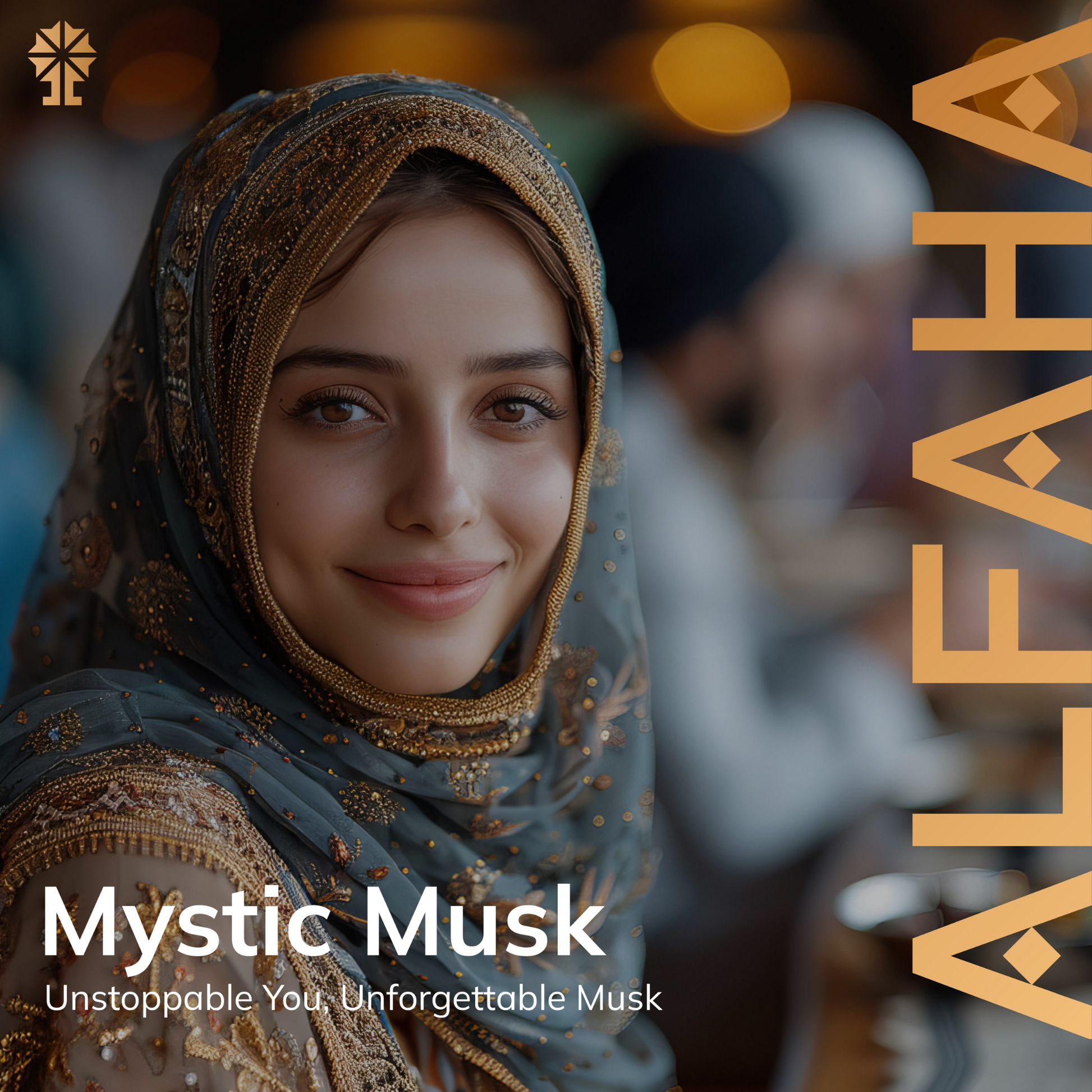 ALFAHA™ Mystic Musk displayed in an elegant, festive setting, ideal for women seeking a subtle and refined fragrance for special gatherings.