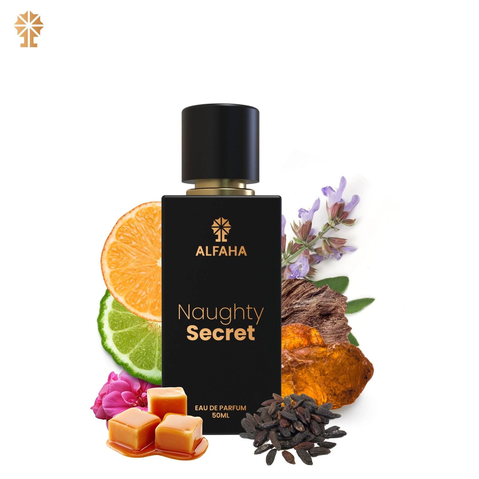 ALFAHA™ Naughty Secrets Eau De Parfum 50ml bottle – a captivating fragrance with fresh Bergamot, rich Juniper Berries, herbaceous Clary Sage, and a warm base of Tonka Bean, Vetiver, Caramel, and Cedarwood.