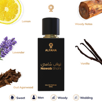 Nawab Shahi scent profile – opens with bright lemon and calming lavender, deepens with resin, and finishes with oud, woods, and sweet vanilla.