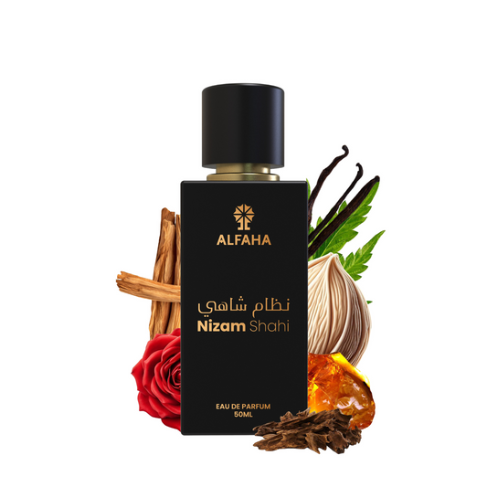 ALFAHA™ Nizam Shahi Eau De Parfum 50ml bottle – an elegant fragrance for men with notes of oudh, rose, sandalwood, and vanilla.