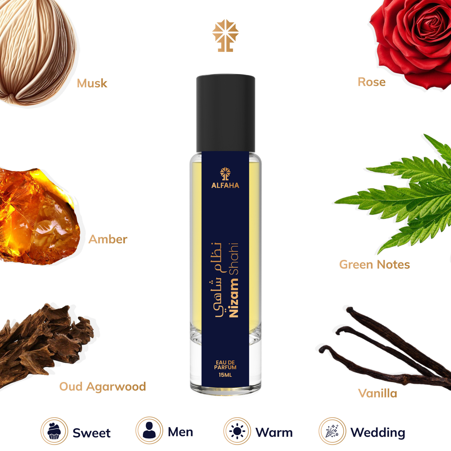 Nizam Shahi scent profile – opens with inviting vanilla and musk, deepens with rose and sandalwood, and settles into warm oudh, amber, and sugar.