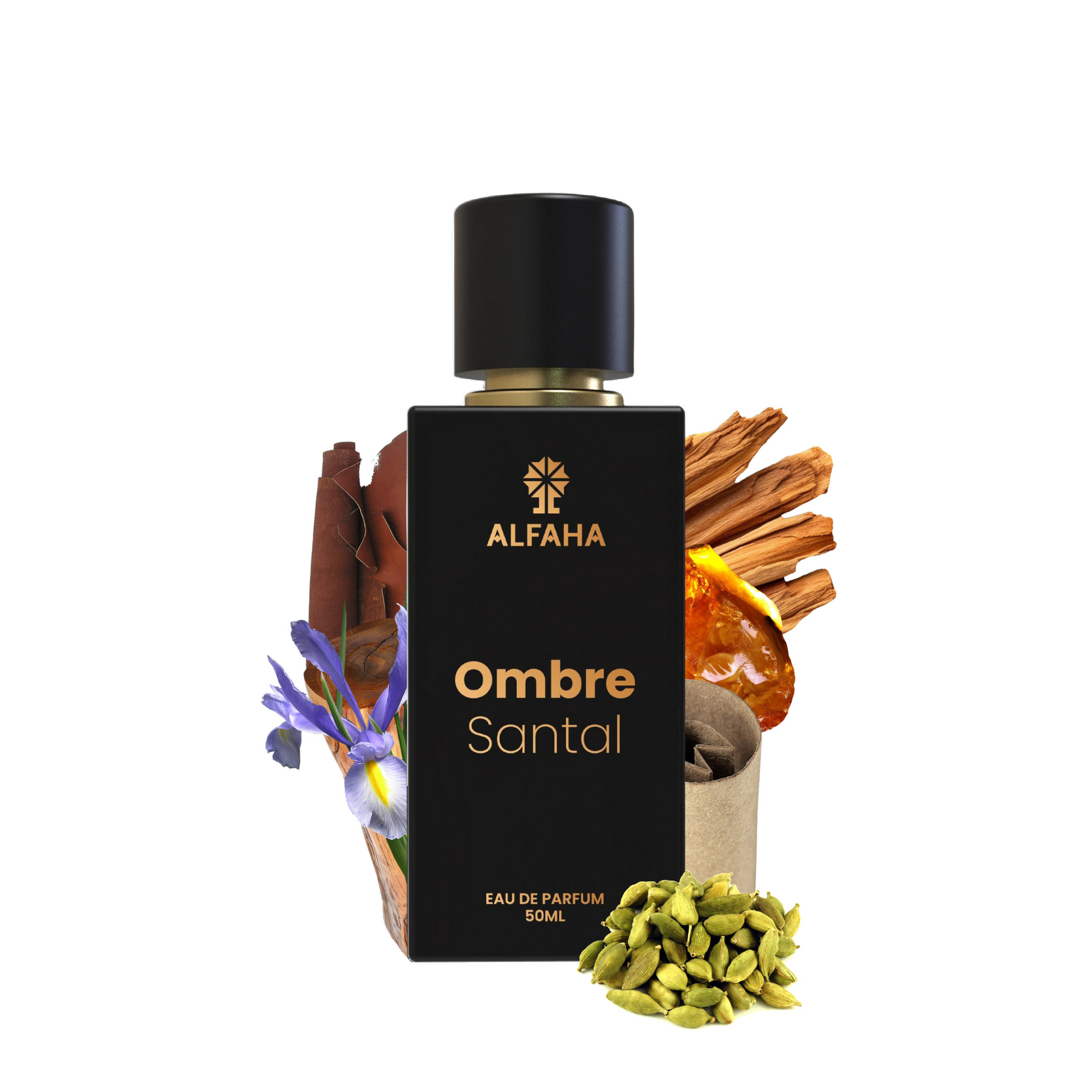 ALFAHA™ Ombre Santal Eau De Parfum 50ml bottle – a bold fragrance for men with rich sandalwood, leather, cardamom, and amber notes.