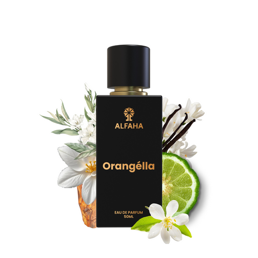 ALFAHA™ Orangella Eau De Parfum 50ml bottle – an empowering fragrance with bright Orange Blossom and Bergamot top notes, creamy Tuberose and Jasmine heart notes, and a warm base of Vanilla, Cedarwood, and Musk for the confident woman.