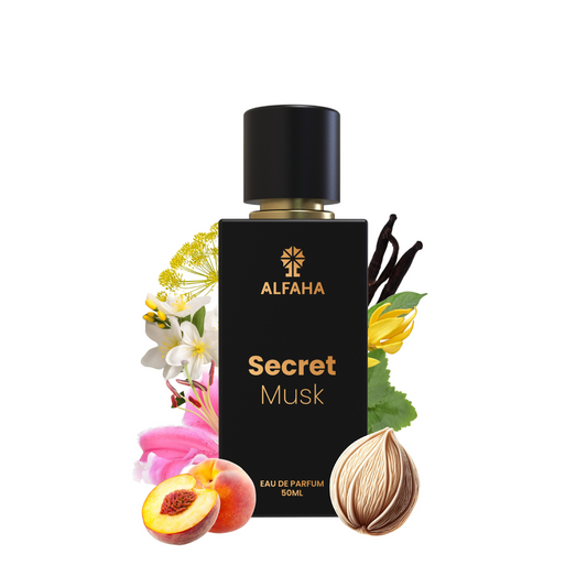 ALFAHA™ Secret Musk Eau De Parfum 50ml bottle – an elegant fragrance for festive celebrations, featuring top notes of Peach, Basil, and Galbanum, a floral heart of Rose, Jasmine, and Ylang-Ylang, and a musky, earthy base for a sophisticated presence.