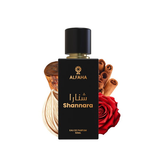 ALFAHA™ Shannara Eau De Parfum 50ml bottle – an elegant fragrance for romantic evenings, featuring top notes of Rose, a delicate floral and spicy heart, and a warm base of Musk and woody notes for an alluring, sophisticated presence.