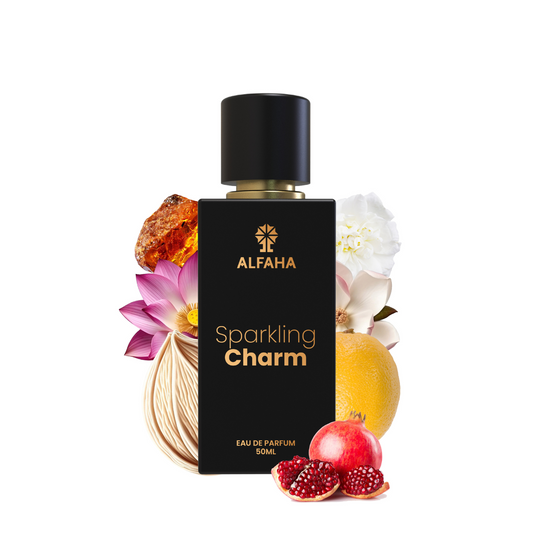 ALFAHA™ Sparkling Charm Eau De Parfum 50ml bottle – a captivating fragrance for the free-spirited woman, with vibrant Magnolia, Pomegranate, and Yuzu top notes, a soft floral heart, and a sensual Musk and Amber base for romantic evenings.