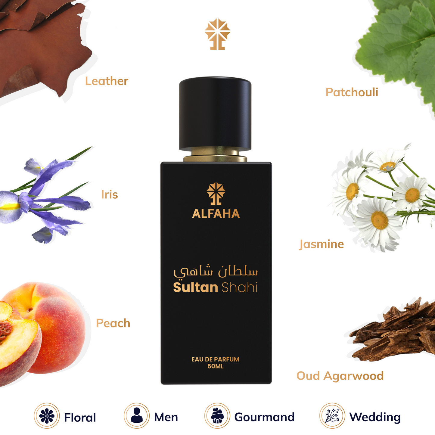 Sultan Shahi fragrance profile – opens with uplifting citrus, fruity notes, and peach, followed by a refined floral heart of iris, rosemary, and chamomile, and settling into a luxurious base of woody notes, patchouli, and leather.