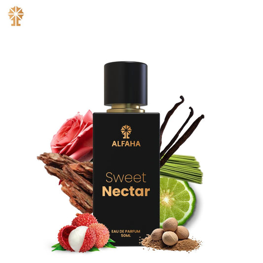 ALFAHA™ Sweet Nectar Eau De Parfum 50ml bottle – an elegant fragrance for the modern woman, combining fresh Rose, Bergamot, and Lychee top notes with a delicate floral heart and a warm base of Cashmeran, Musk, and Vanilla for daily sophistication