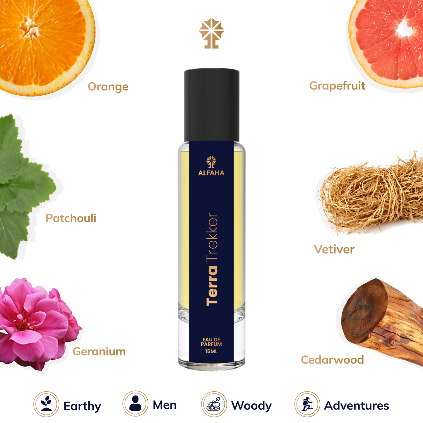Terra Trekker fragrance profile – opens with energetic notes of grapefruit, pink pepper, and orange, followed by earthy geranium and patchouli, and settles into a rugged foundation of vetiver, cedarwood, benzoin, and gunpowder.