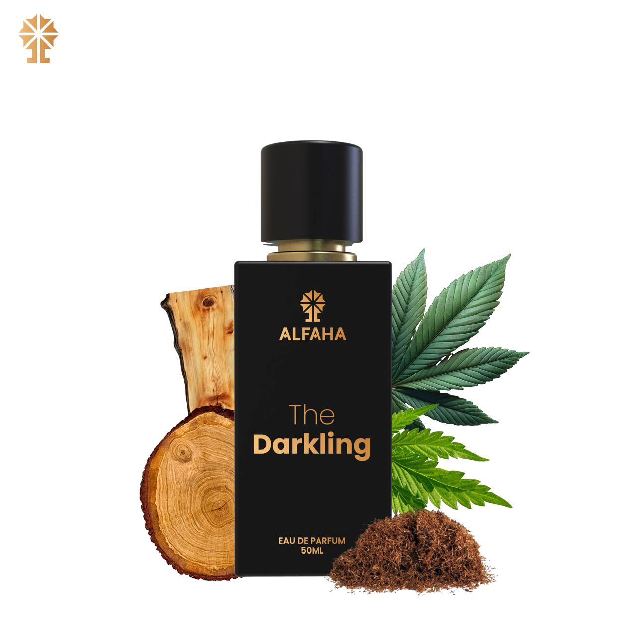 ALFAHA™ The Darkling Eau De Parfum 50ml bottle – a bold and captivating fragrance for the man who embraces the nightlife, featuring earthy Cannabis Accord and Green Notes with a rich Tobacco base for a powerful scent.