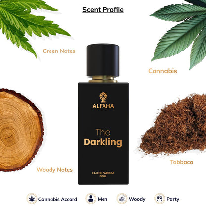 ALFAHA™ The Darkling – with top notes of Cannabis Accord and Green Notes, heart notes of Oak and Woody Notes, and a base of Tobacco for a strong, bold fragrance that lasts all night.