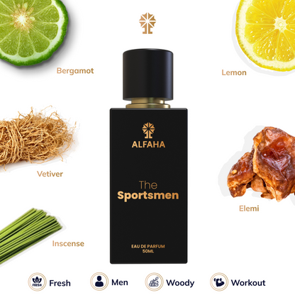 The Sportsmen fragrance profile – opens with fresh Bergamot and Lemon, followed by sophisticated Incense/Olibanum and Aldehyde, and settles into an earthy base of Amber, Elemi, and Pink Pepper.