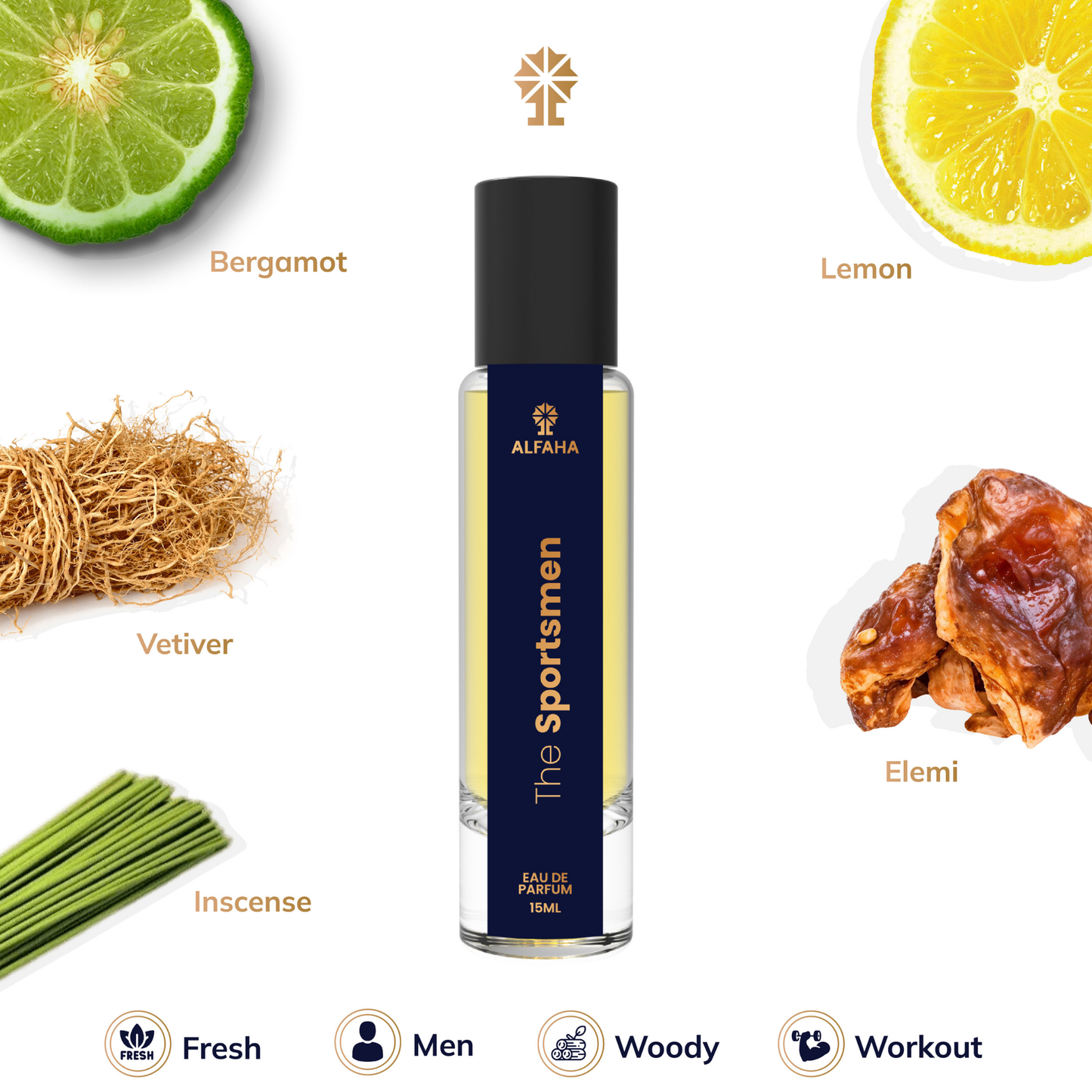 The Sportsmen fragrance profile – opens with fresh Bergamot and Lemon, followed by sophisticated Incense/Olibanum and Aldehyde, and settles into an earthy base of Amber, Elemi, and Pink Pepper.