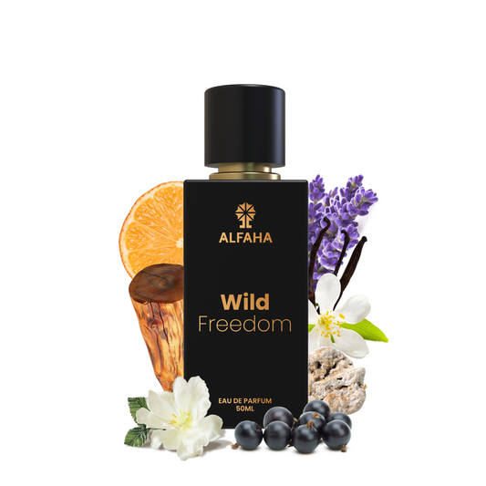 ALFAHA™ Wild Freedom Eau De Parfum 50ml bottle – a refreshing fragrance designed for the active woman, offering an energizing burst of citrus and a calming floral heart, perfect for fitness enthusiasts.