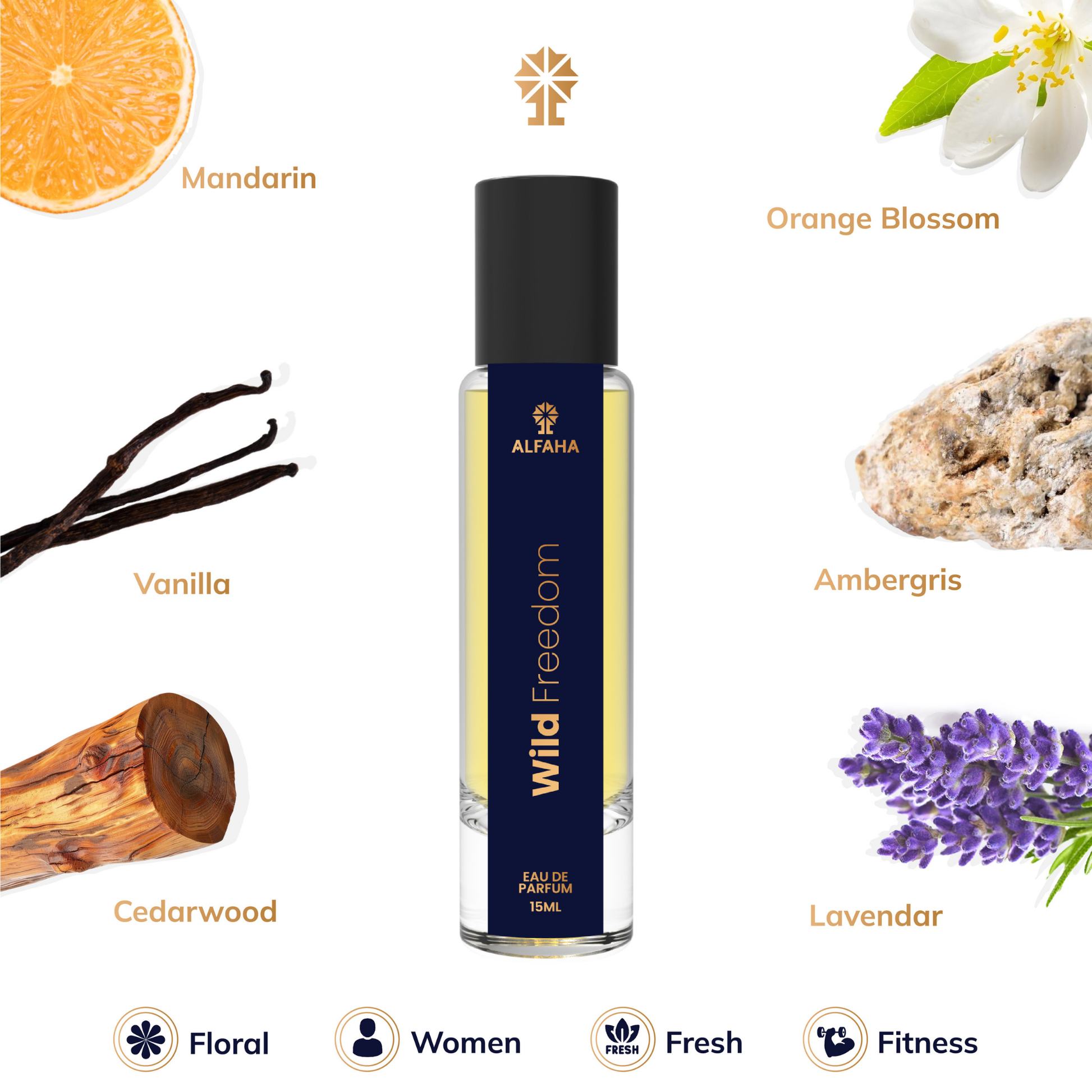 ALFAHA™ Wild Freedom – with top notes of Mandarin and Orange Blossom, heart notes of Lavender, Jasmine, and Blackcurrant Bud, and a base of Vanilla, Ambergris, Cedarwood, and Musk for a revitalizing and long-lasting fragrance.