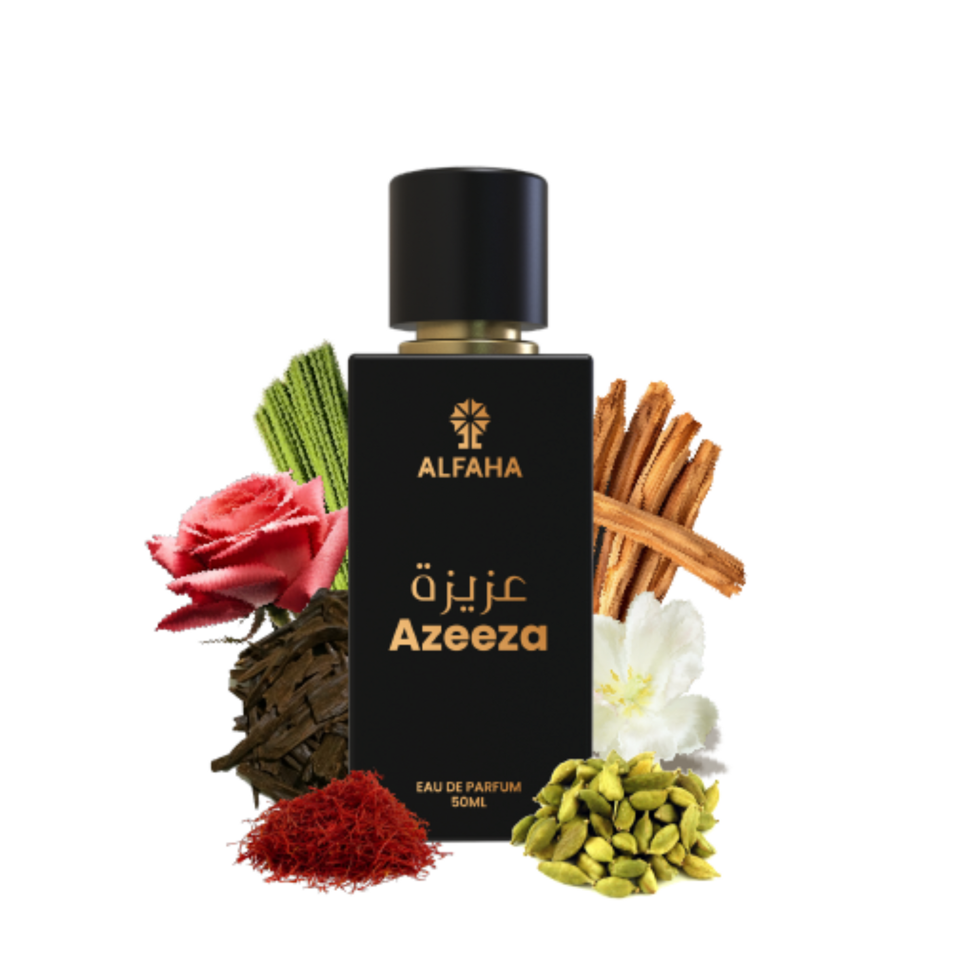 ALFAHA™ Azeeza Eau De Parfum 50ml bottle – a sophisticated fragrance with warm spices and woody undertones, perfect for festive and special occasions.