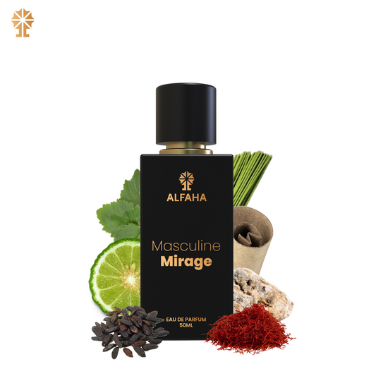 ALFAHA™ Masculine Mirage Eau De Parfum 50ml bottle – a fragrance designed for men who embody mystery, charm, and undeniable allure.