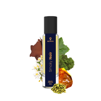 ALFAHA™ Smoky Noir Eau De Parfum 15ml bottle – a commanding fragrance with luxurious leather, jasmine, and earthy notes, ideal for evening and formal occasions.