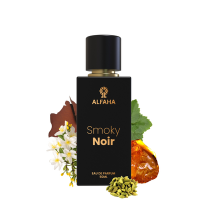 ALFAHA™ Smoky Noir Eau De Parfum 50ml bottle – a commanding fragrance with luxurious leather, jasmine, and earthy notes, ideal for evening and formal occasions.
