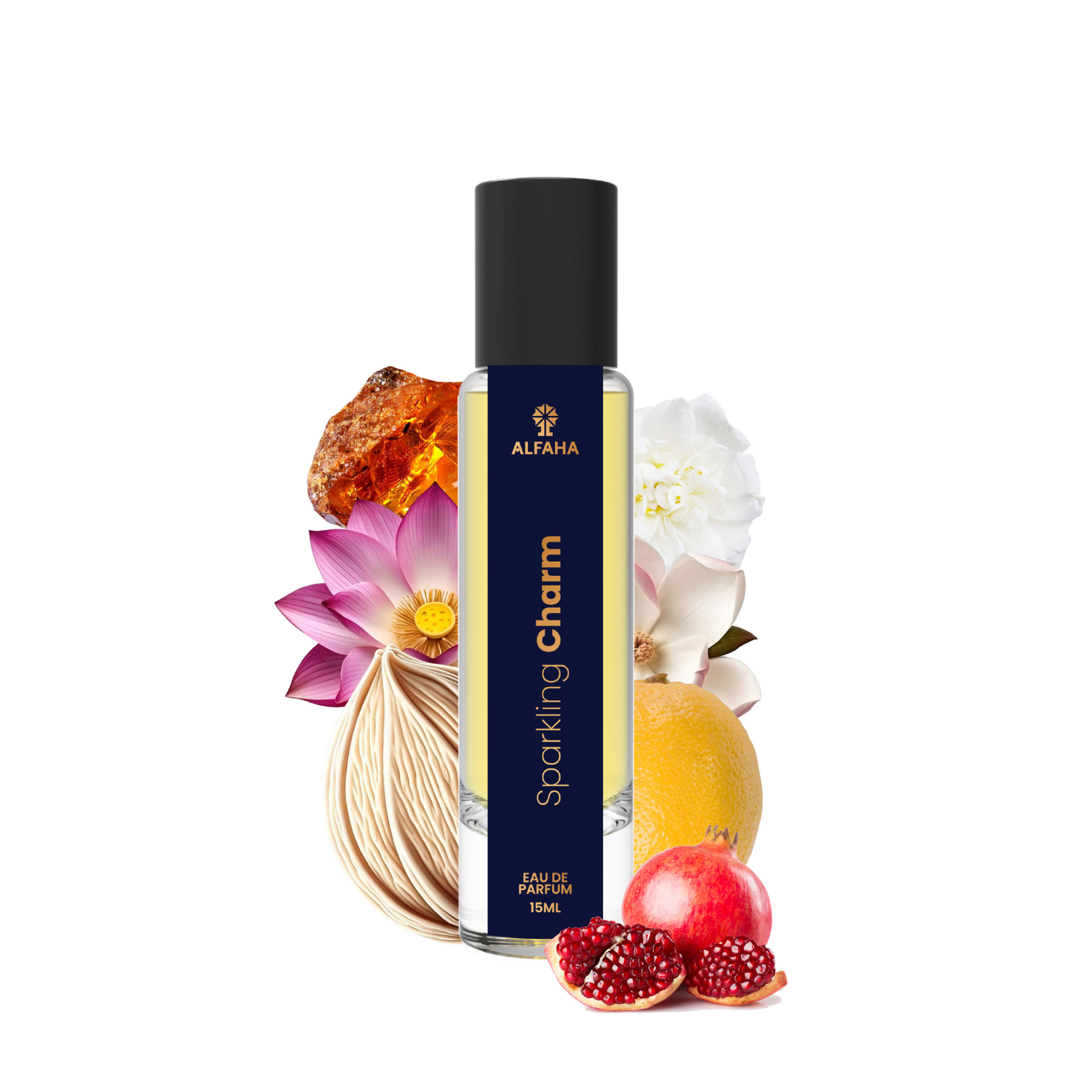 ALFAHA™ Sparkling Charm Eau De Parfum 15ml bottle – a captivating fragrance for the free-spirited woman, with vibrant Magnolia, Pomegranate, and Yuzu top notes, a soft floral heart, and a sensual Musk and Amber base for romantic evenings.