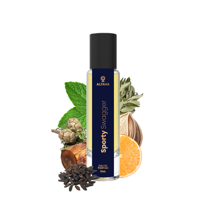 ALFAHA™ Sporty Swagger Eau De Parfum 15ml bottle – a refreshing, invigorating fragrance designed for active men who lead a fitness-focused lifestyle.