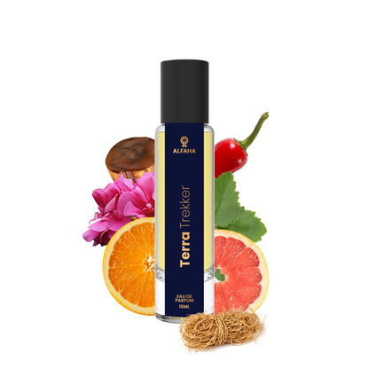 ALFAHA™ Terra Trekker Eau De Parfum 15ml bottle – a fragrance designed for men who embrace adventure, with dynamic, earthy, and woody notes.