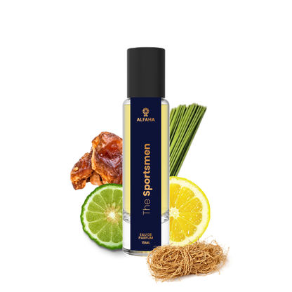 ALFAHA™ The Sportsmen Eau De Parfum 15ml bottle – the ultimate fragrance for athletes, with energizing citrus and grounding woody notes to fuel your fitness journey.