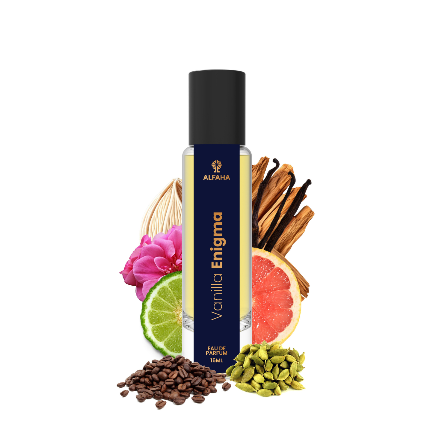 ALFAHA™ Vanilla Enigma Eau De Parfum 15ml bottle – an elegant, warm fragrance for men, with notes of vanilla, floral, and subtle spices for a sophisticated aroma.