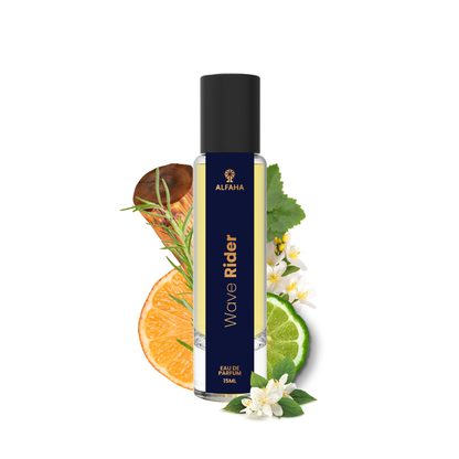 ALFAHA™ Wave Rider Eau De Parfum 15ml bottle – a fresh, aquatic fragrance for the ambitious man, with notes of mandarin, marine, and cedarwood.