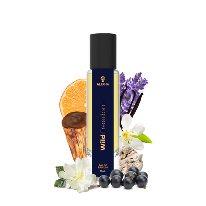 ALFAHA™ Wild Freedom Eau De Parfum 15ml bottle – a refreshing fragrance designed for the active woman, offering an energizing burst of citrus and a calming floral heart, perfect for fitness enthusiasts.