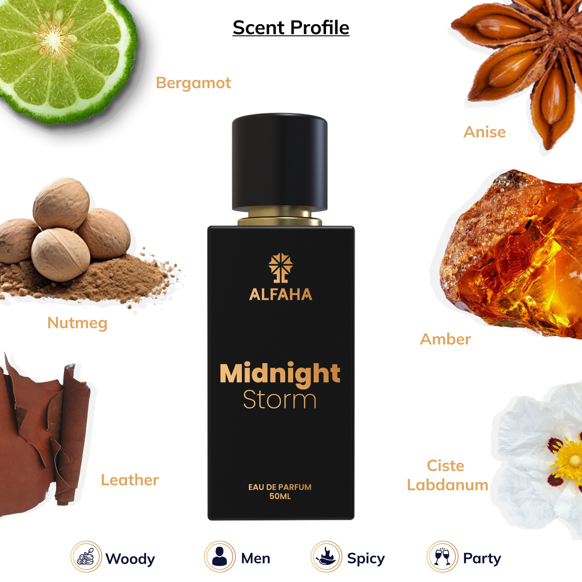 Midnight Storm fragrance profile – opens with bergamot, anise, and pepper, followed by spicy nutmeg, amber, and finishes with leathery ambergris, vetiver, and vanilla.