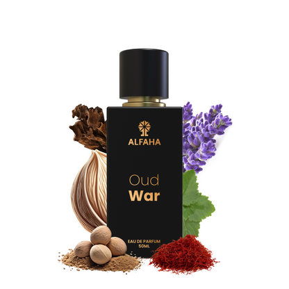 ALFAHA™ Oud War Eau De Parfum 50ml bottle – a powerful and sophisticated fragrance with oud, musk, and earthy spices for commanding presence.