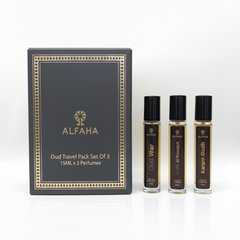 Alfaha Oud travel pack set of three perfume bottles with packaging on a white background