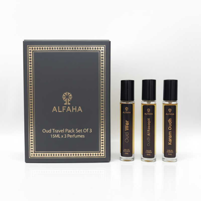 Alfaha Oud travel pack set of three perfume bottles with packaging on a white background